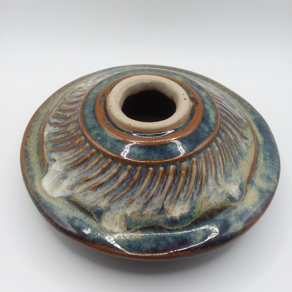 Vintage Studio Bay Pottery Glazed Squat Vase Rustic Blue Brown Glaze Signed‎ - Picture 2 of 6